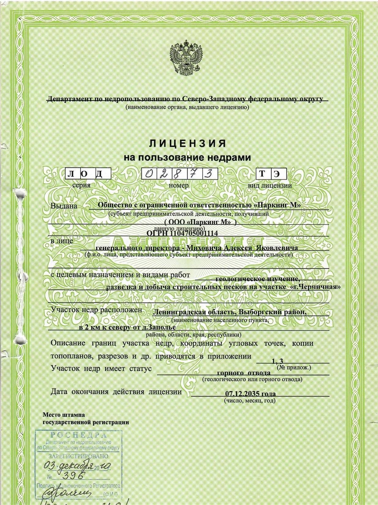 Лицензия Черничная гора